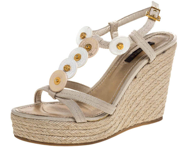 Louis Vuitton White Patent Leather Checkers Espadrille Wedge