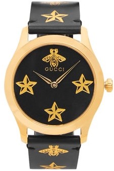 Gucci G-timeless Bee And Star-print Leather Watch - Black Multi