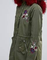 Thumbnail for your product : Urban Bliss Embroidered Parka Coat With Contrast Faux Fur