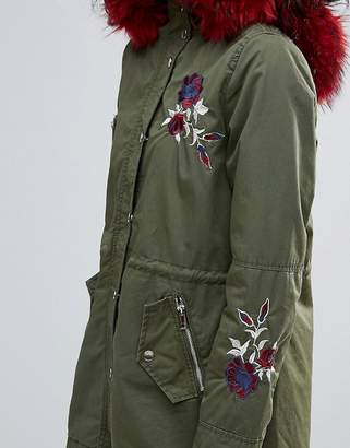 Urban Bliss Embroidered Parka Coat With Contrast Faux Fur