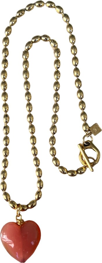 Sccollection Pink / Gold Bacio Mini Glass Heart Necklace - Peach Pink