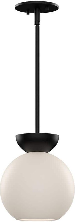 KUZCO Arcadia 8 in. 1 Light 60-Watt Black/Opal Glass Pendant Light