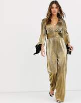 Thumbnail for your product : TFNC deep plunge pleated foiled jumpsuit in gold