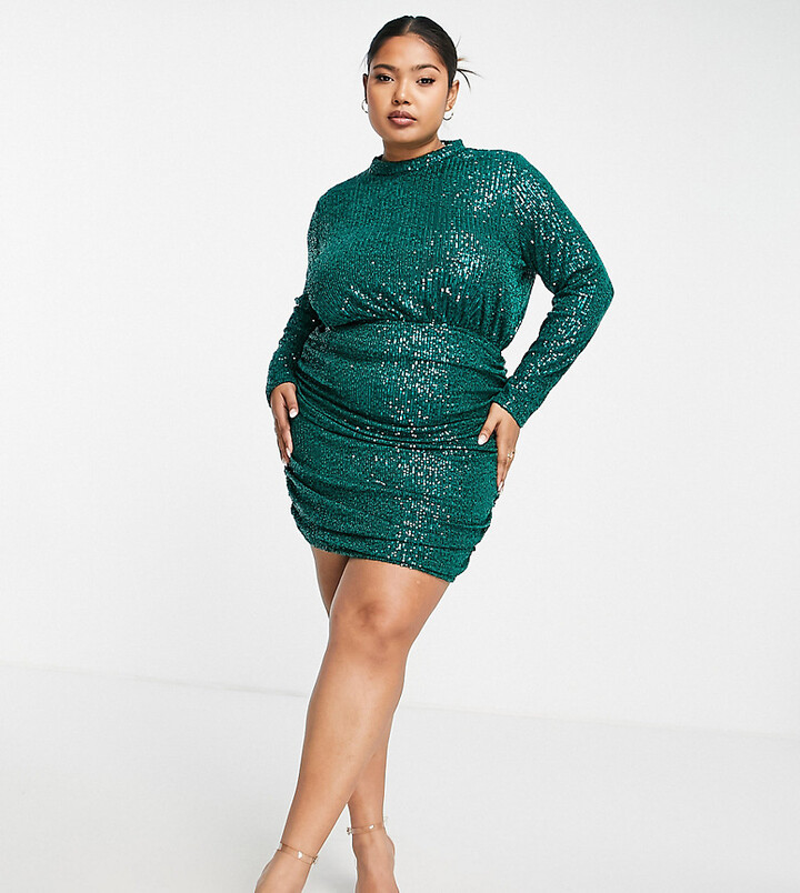 In The Style Plus exclusive sequin high neck drape detail mini dress in emerald  green - ShopStyle