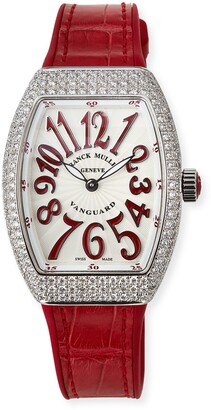 Franck Muller Lady Vanguard Watch with Diamonds & Alligator Strap, Red