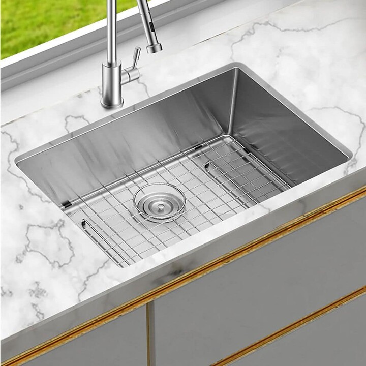 Timussi 27 in. Undermount Single Bowl 16-Gauge Brushed Nickel Stainless Steel Kitchen Sink with Bottom Grids