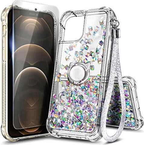 KINGARD NGB Supremacy Compatible with iPhone 12/12 Pro Case with Tempered Glass Screen Protector, Ring Holder/Wrist Strap, Girls Women Liquid Bling Sparkle...