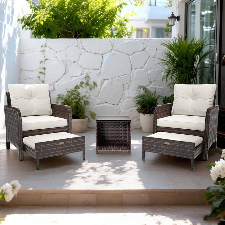 UPHA 5-Pieces Wicker Patio Furniture Set, Outdoor Chairs with Ottomans, White Cushions