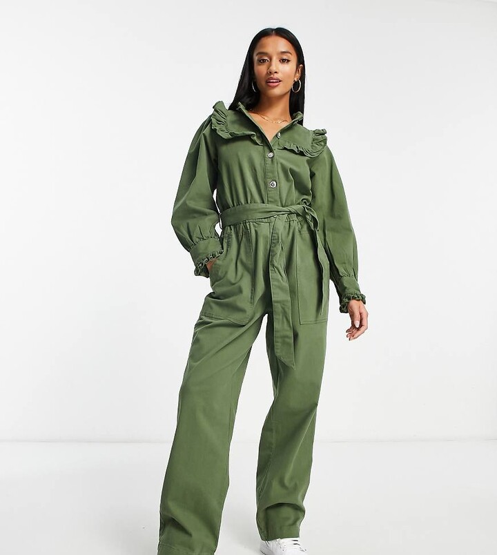 Miss Selfridge Petite bib frill belted jumpsuit in khaki ShopStyle