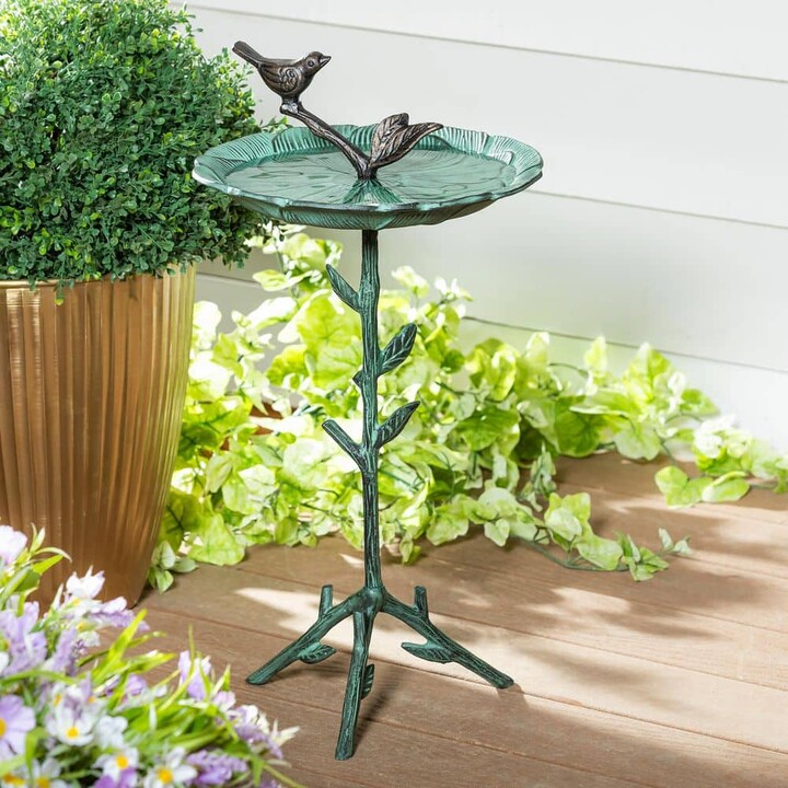 Evergreen 12 in. Green Metal Bird Bath with Stand
