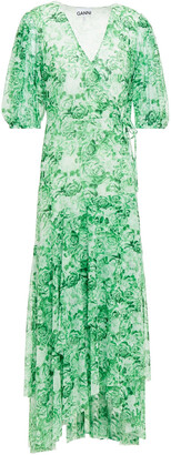 Ganni Floral-print Mesh Midi Wrap Dress