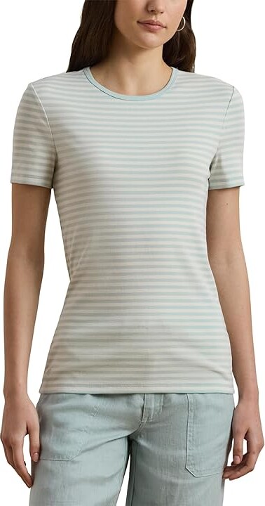Lauren Ralph Lauren Striped Stretch Cotton Crewneck T-Shirts Women's Clothing Aqua Pearl/Mascarpone Cream : LG, Cotton/Elastane