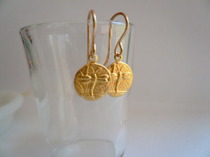 Etsy Dragonfly Earrings, Small Gold Coin Drops, Petite Tiny Smart Casual Minimalist Miniature Angel Bug Dangles Lightweight For Sensitive Ears