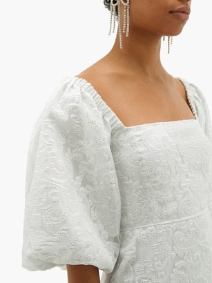 Ganni Floral-brocade Puff-sleeve Feathered-skirt Dress - Ivory