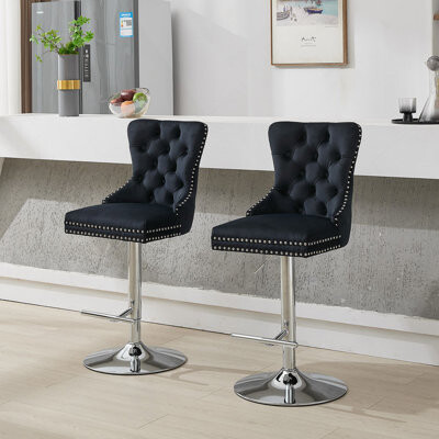 Everly Quinn Thick Chrome Swivel Velvet BarstoolsAdjustable 25-33\