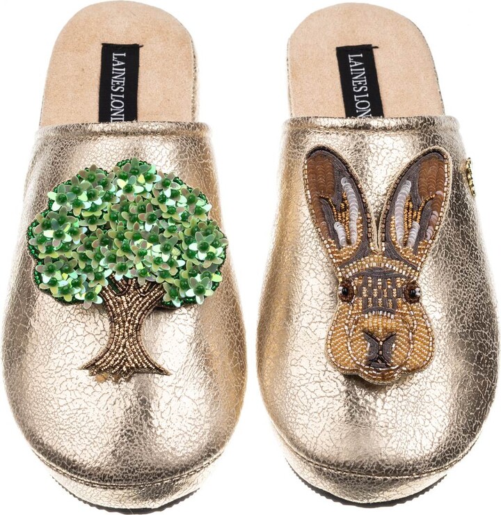 Laines London Gold Softie Slippers With Oak Tree & Hare Brooch