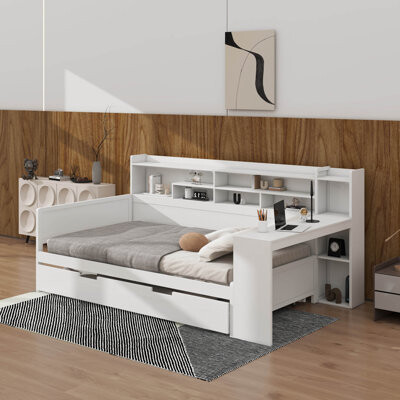 Latitude Run Wooden Twin-Size Daybed Featuring Storage Shelves Versatile Bed With Twin Trundle And Integrated Study Desk