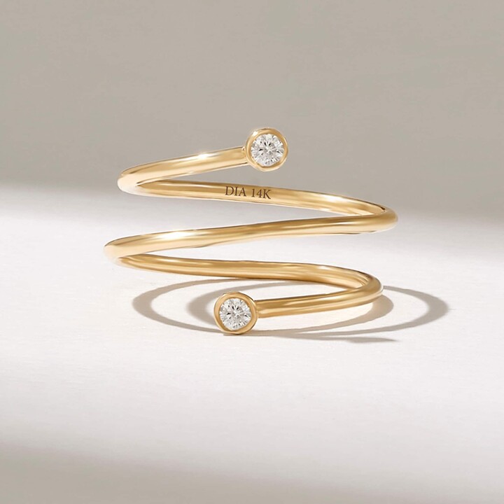 Etsy Diamond Bezel Spiral Ring in 14K Solid Gold Dainty Wrap Around Coil For Women Stackable Thin Statement Yellow Rose White