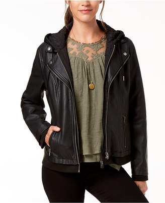 Style&Co. Style & Co Petite Hooded Faux-Leather Moto Jacket