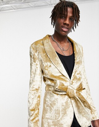 ASOS DESIGN super skinny crushed velvet smoking jacket in gold