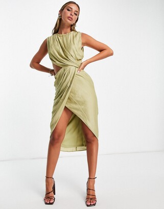 ASOS DESIGN drape detail voile midi dress with pleat detail and cut out detail