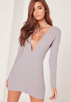 Missguided Grey Tie Neck Plunge Long Sleeve Bodycon Dress