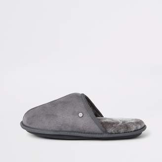 River Island Mens Grey faux fur lined mule slippers