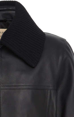 Burberry Rib-Trimmed Leather Bomber Jacket