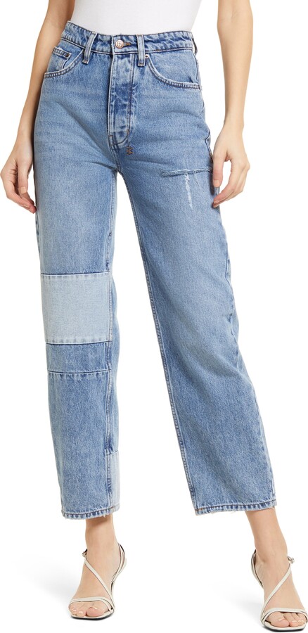 L&ieserram Damen Patchwork Jeans High Waist Stretch Cutoffs Distressed Straight Leg Denim Jeans Hose 70er Vintage E-Girl Style Y2K Schlagjeans Hose