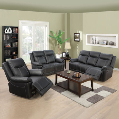 Latitude Run Semi-PU Leather 3 Pieces Recliner Sofa Set
