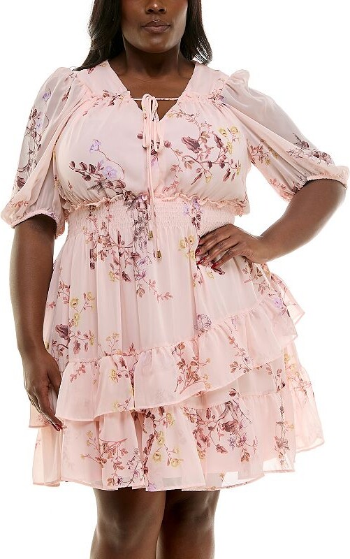Taylor Plus Size Tiered Skirt Puff Sleeve Fit & Flare Mini Dress