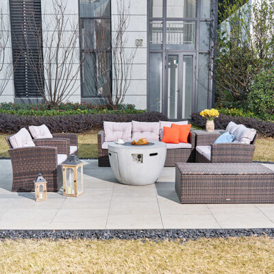 Red Barrel Studio Moda 36 In. X 36 In. X 23.8 In. H Brown Circular Wicker Outdoor Gas Fire Pits Dining Set