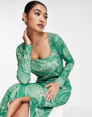 Vero Moda ribbed jersey midi dress in green swirl print