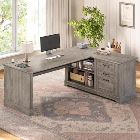 Xelite SEDETA Executive Desk, 61' Farmhouse L Shaped Desk with File Drawers, Office Desk with Drawers and Power Outlets, Computer Desk with Storage...