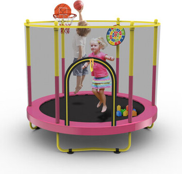 WOYAO 72" Trampoline For Kids With Net,6 Ft Indoor & Outdoor Small Toddler Trampoline With Basketball Hoop & Dart Board For Ages 1-8, Birthday Gifts, Baby T