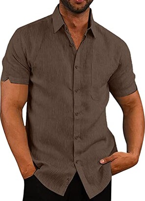 VANVENE Mens Linen Shirts Short Sleeved Shirts Button Down Cotton