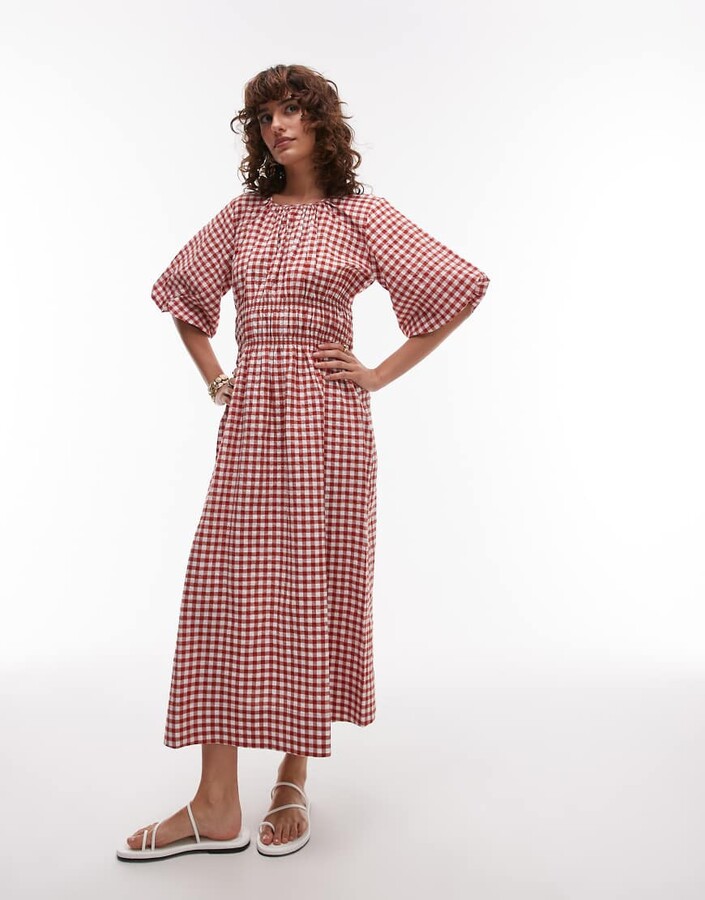 Arket cotton rich midi dress with shirred bodice and puff sleeves in red and white gingham plaid