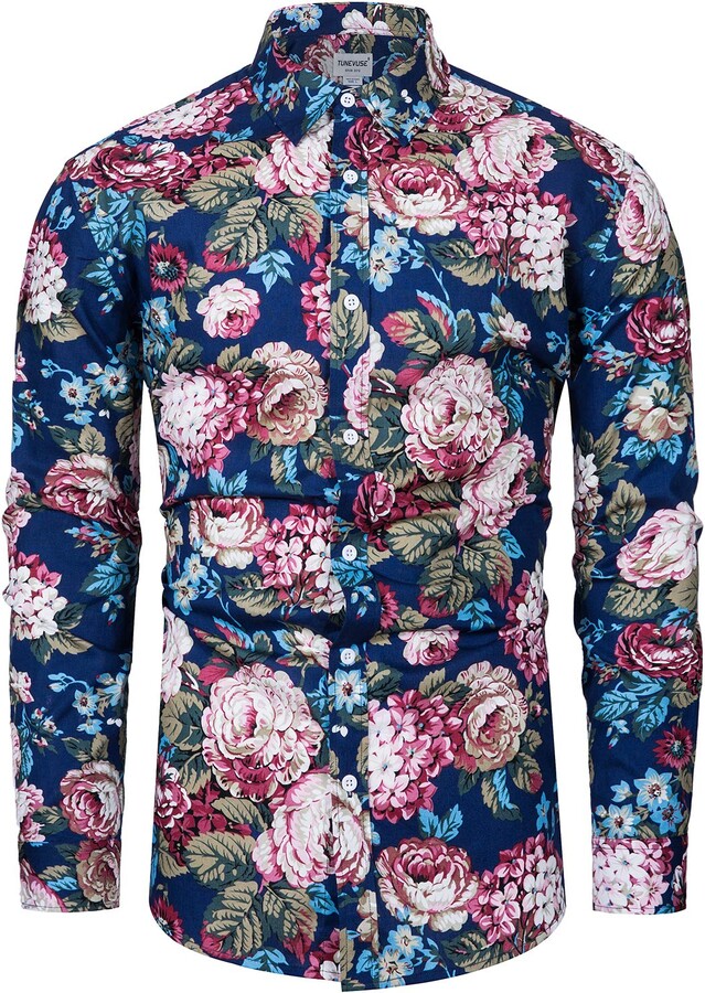 fohemr Mens Floral Long Sleeve Shirt Flower Casual Button Down