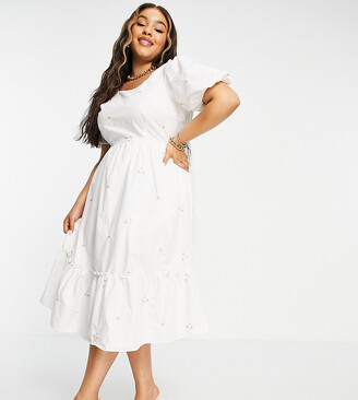 Vero Moda Curve organic cotton embroidered midi smock dress in white