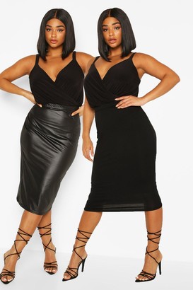 boohoo Plus 2 Pack Leather Look and Jersey Midi Skirt - ShopStyle