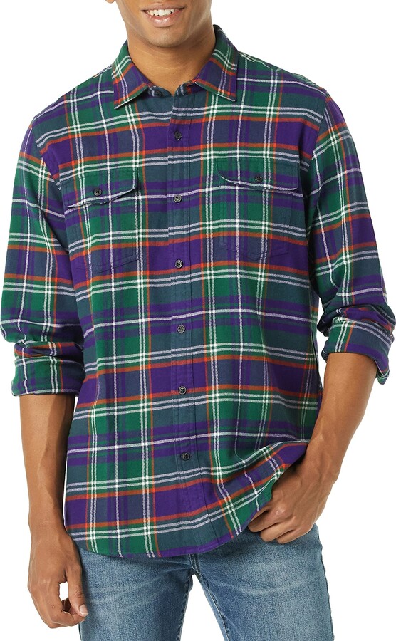 Essentials mens Regular-fit Long-sleeve Plaid Flannel Shirt Button-Down Shirt