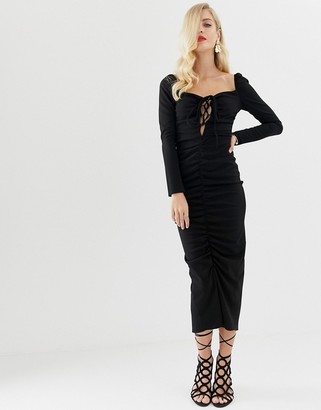 ASOS DESIGN ruched midi dress with lace up neck