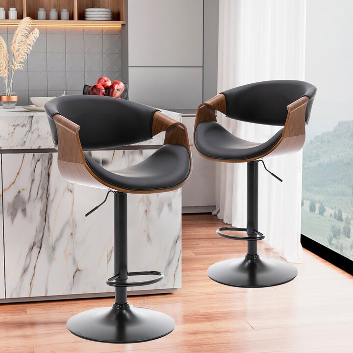 Mieres Modern Bentwood Bar Stools Set, Height Adjustable Swivel PU ...