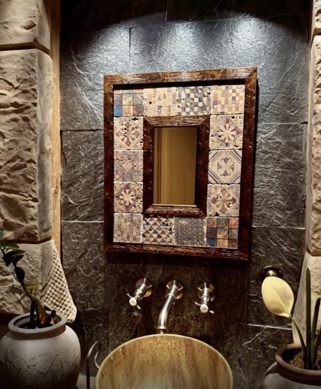 Etsy Travertine Tile Mirror, Turkish Mosaic Wall Decor, Boho Bathroom Vanity, Rustic Stone Frame