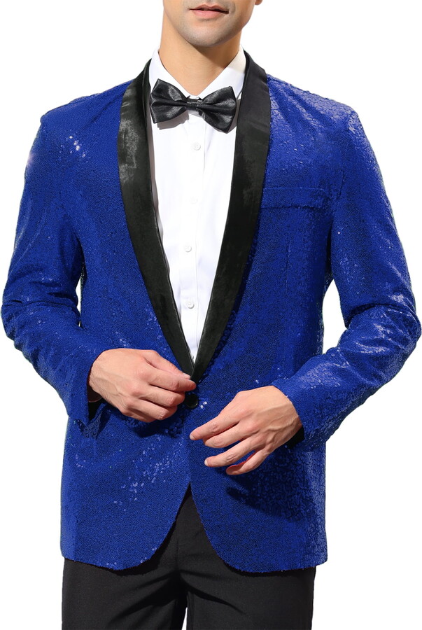 Unique Bargains Men’s Sequin Sport Coats Shawl Lapel One Button Wedding Shiny Blazer L Blue