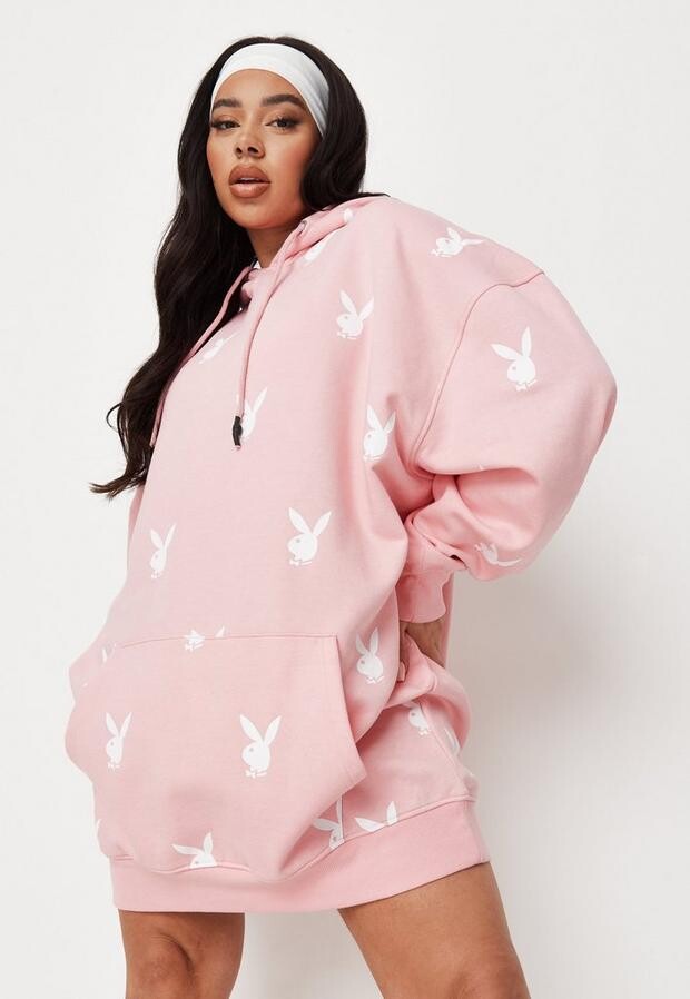 Missguided Playboy All Over Bunny Graphic Hoodie Dress In Pink RRP £40