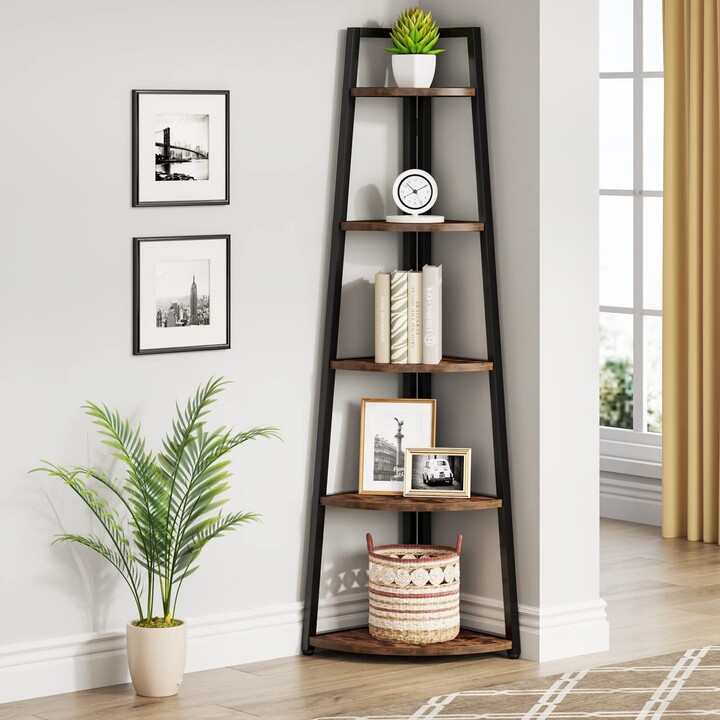 EPOWP 5 Tier Corner Bookshelf and Bookcase, 70 inch Tall Corner Shelves Rustic Corner Ladder
