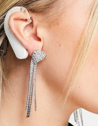 Topshop crystal heart fringe earrings in silver
