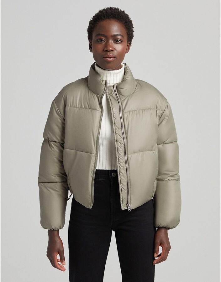 Bershka belted padded puffer jacket with hood in khaki - ShopStyle