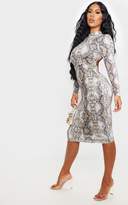 Thumbnail for your product : PrettyLittleThing Brown Snake Print Slinky Long Sleeve Back Cut Out Midi Dress